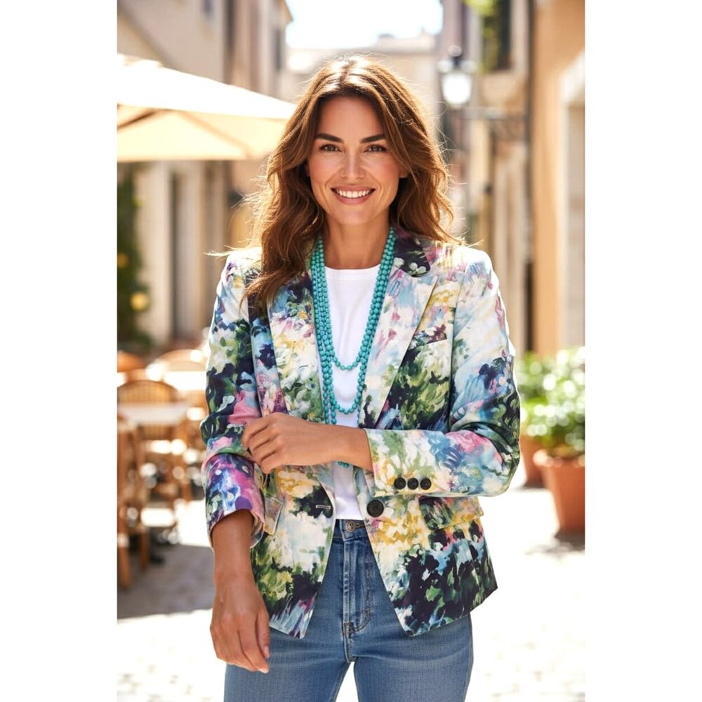 Worth Floral Watercolor Cotton Blend Blazer Jacket Size 12 Tailored Career Chic